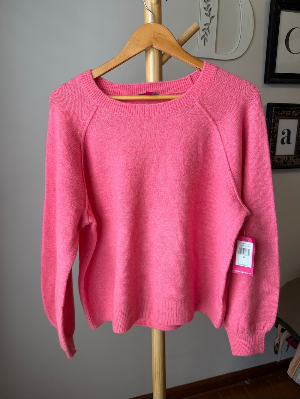 Vince Camuto Hot Pink Sweater NEW Size Medium Pullover Puff Sleeves Crew Neck